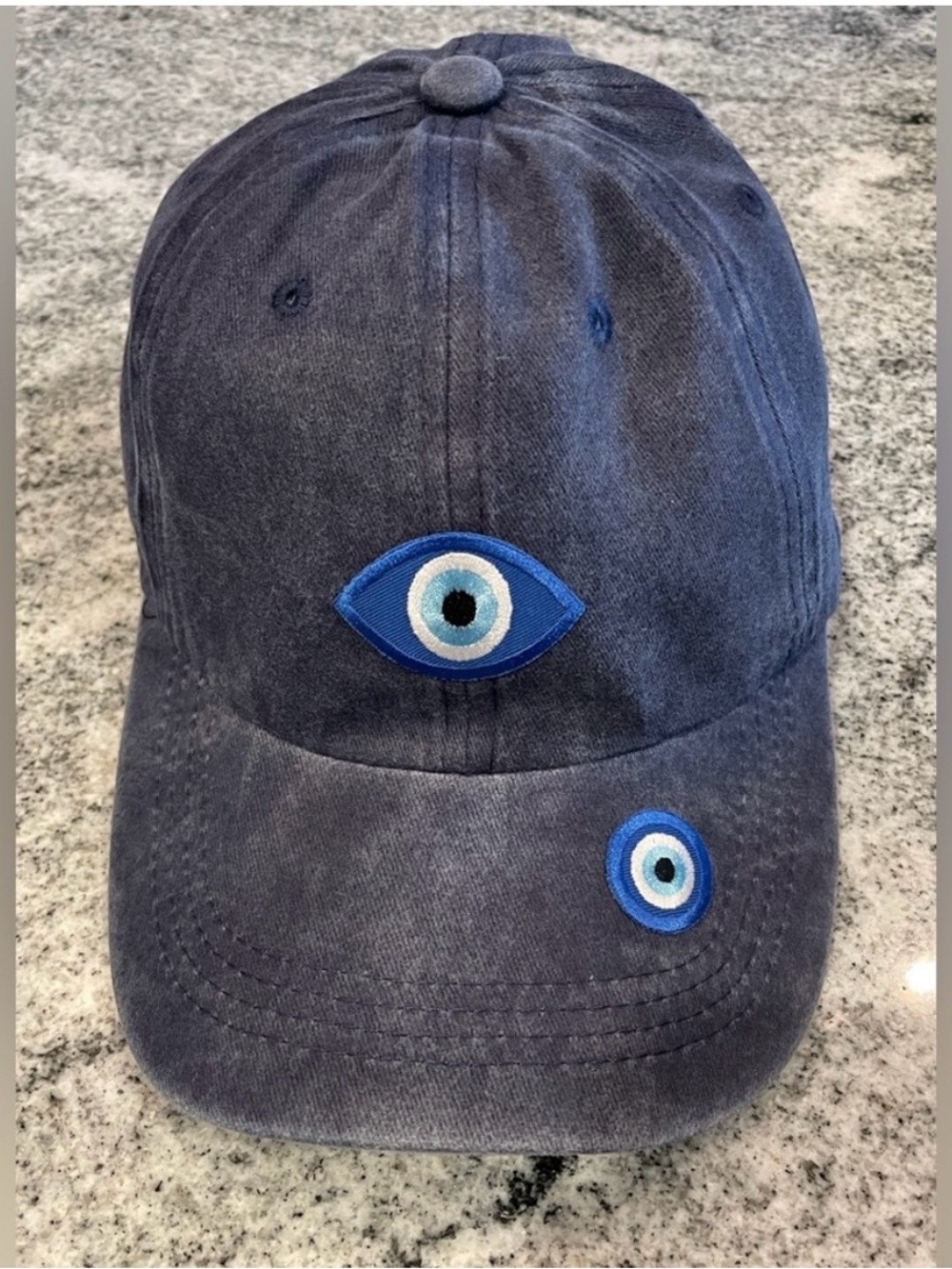 New Custom Designed Washed Navy Baseball Cap with 2 Embroidered Evil Eyes, Adj
